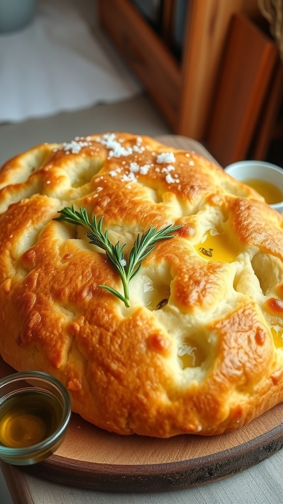 Golden focaccia bread with rosemary and olive oil on a wooden board, served with a bowl of olive oil.
